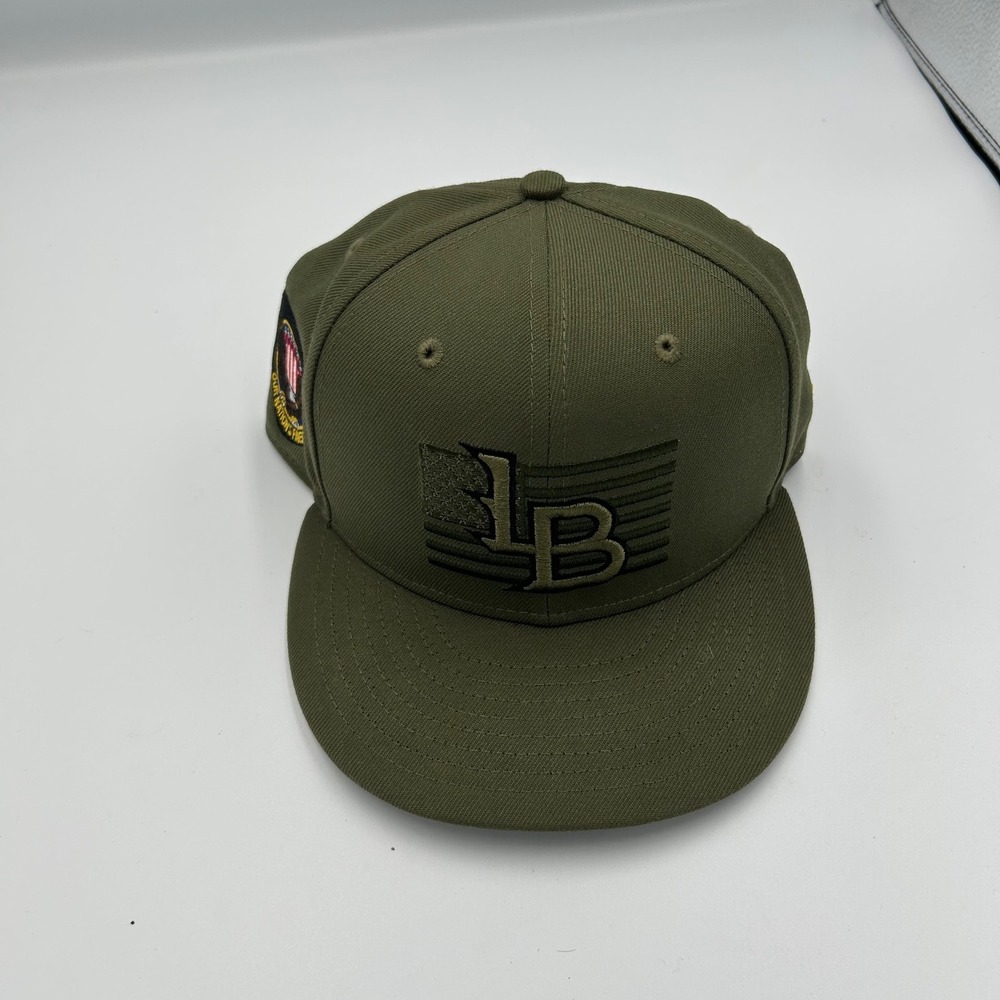 New Era Fitted Hat Men 7 3/8 Olive Green LB State Beach MiLB 59FIFTY Side‎ Patch